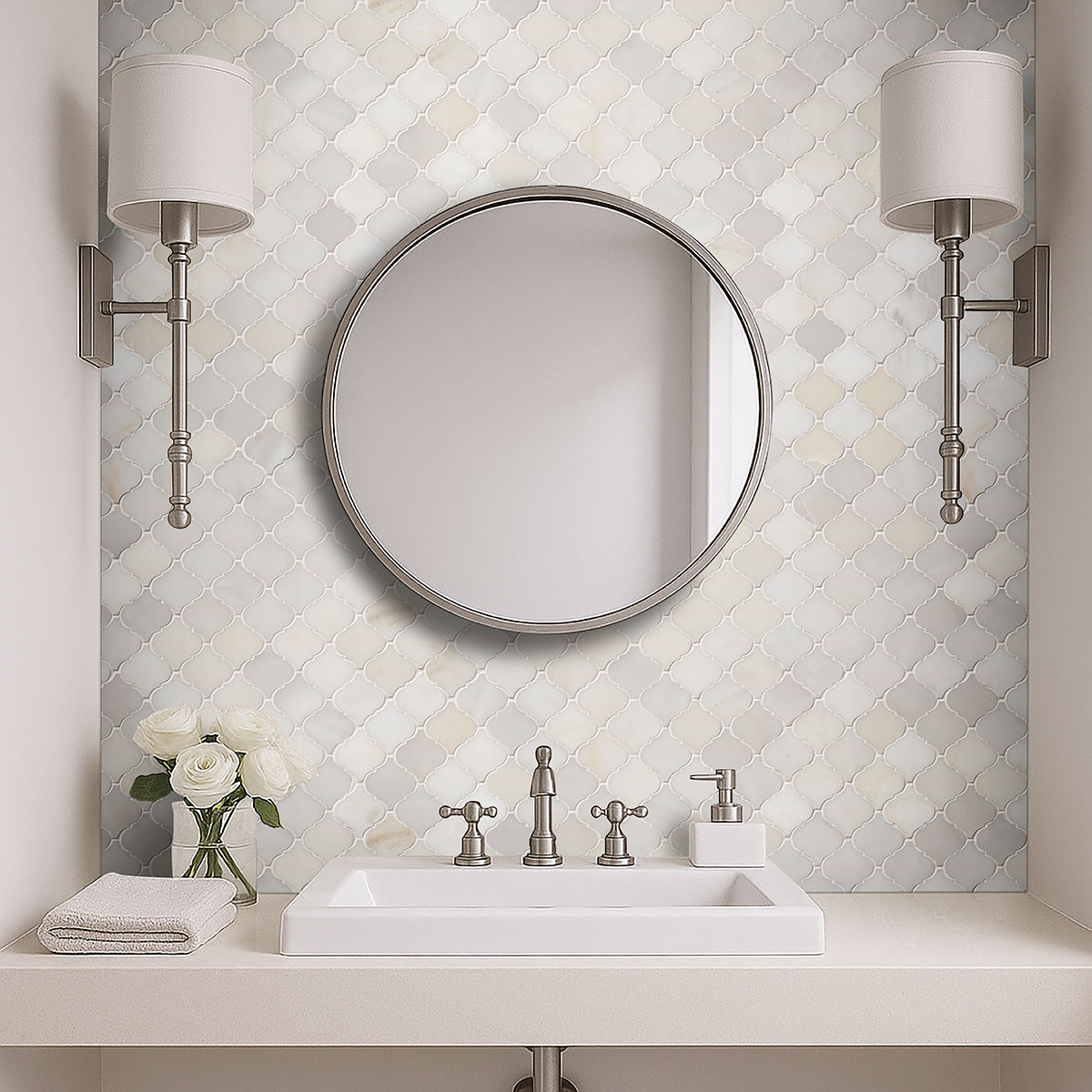Greecian White Arabesque — installed in a bathroom (scene 1086)