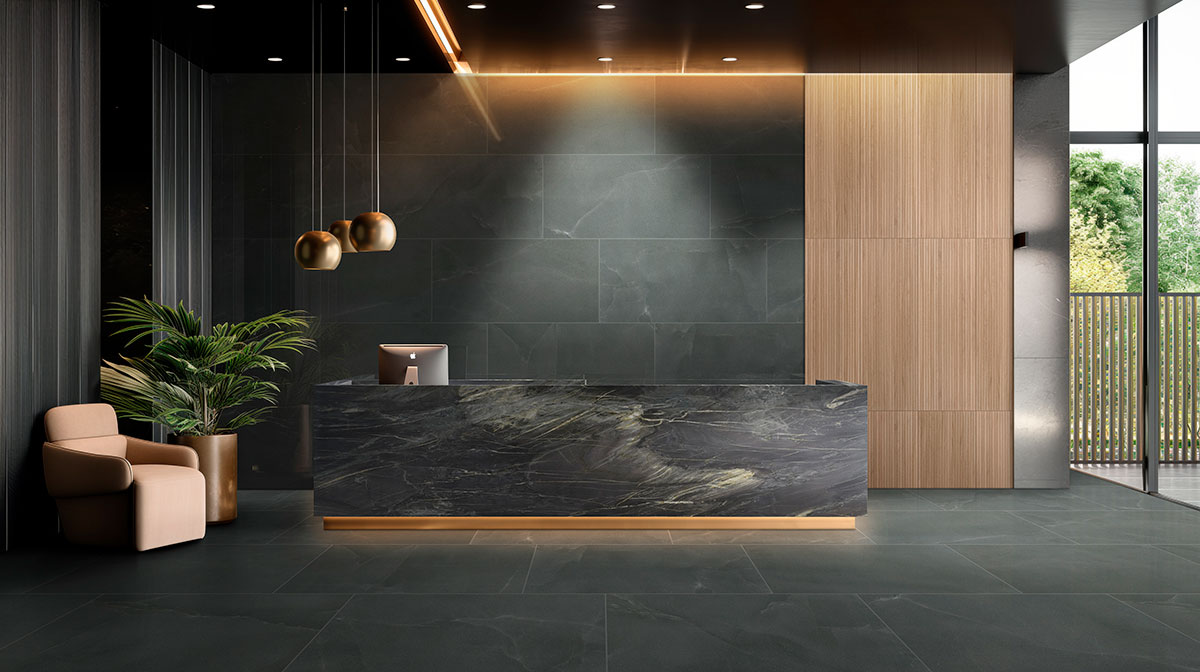 Midnight Agate countertop in a backsplash
