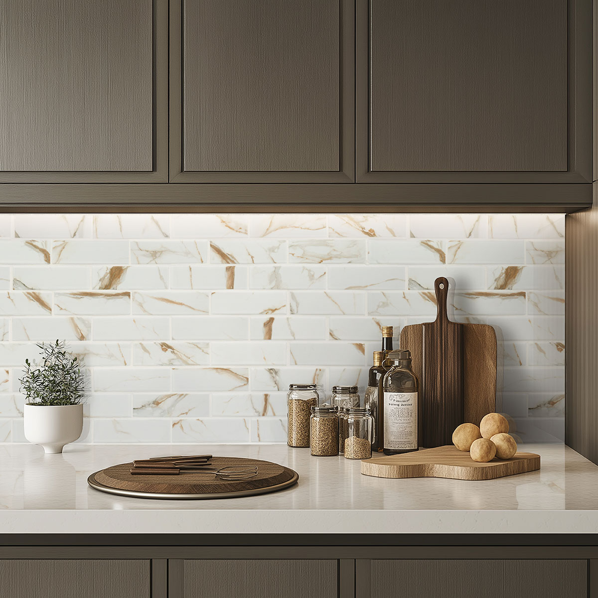 Calacatta Gold Matte Subway Tile 2x6 — installed in a kitchen (scene 1367)