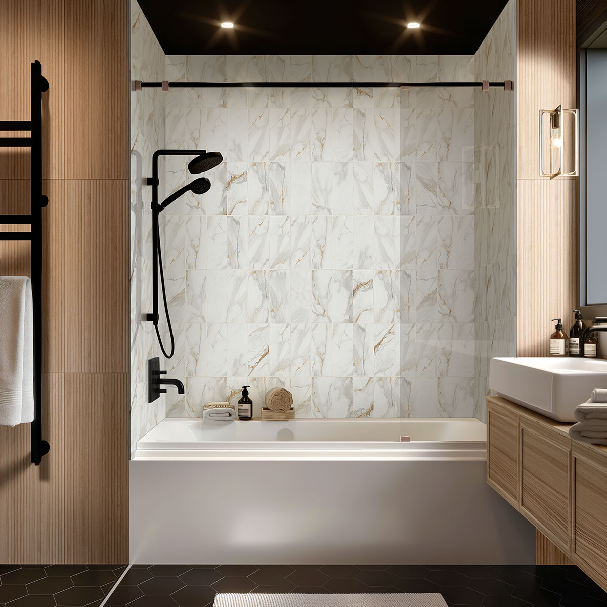 Calacatta Gold Matte Subway Tile 4x12 — installed in a bathroom (scene 0685)