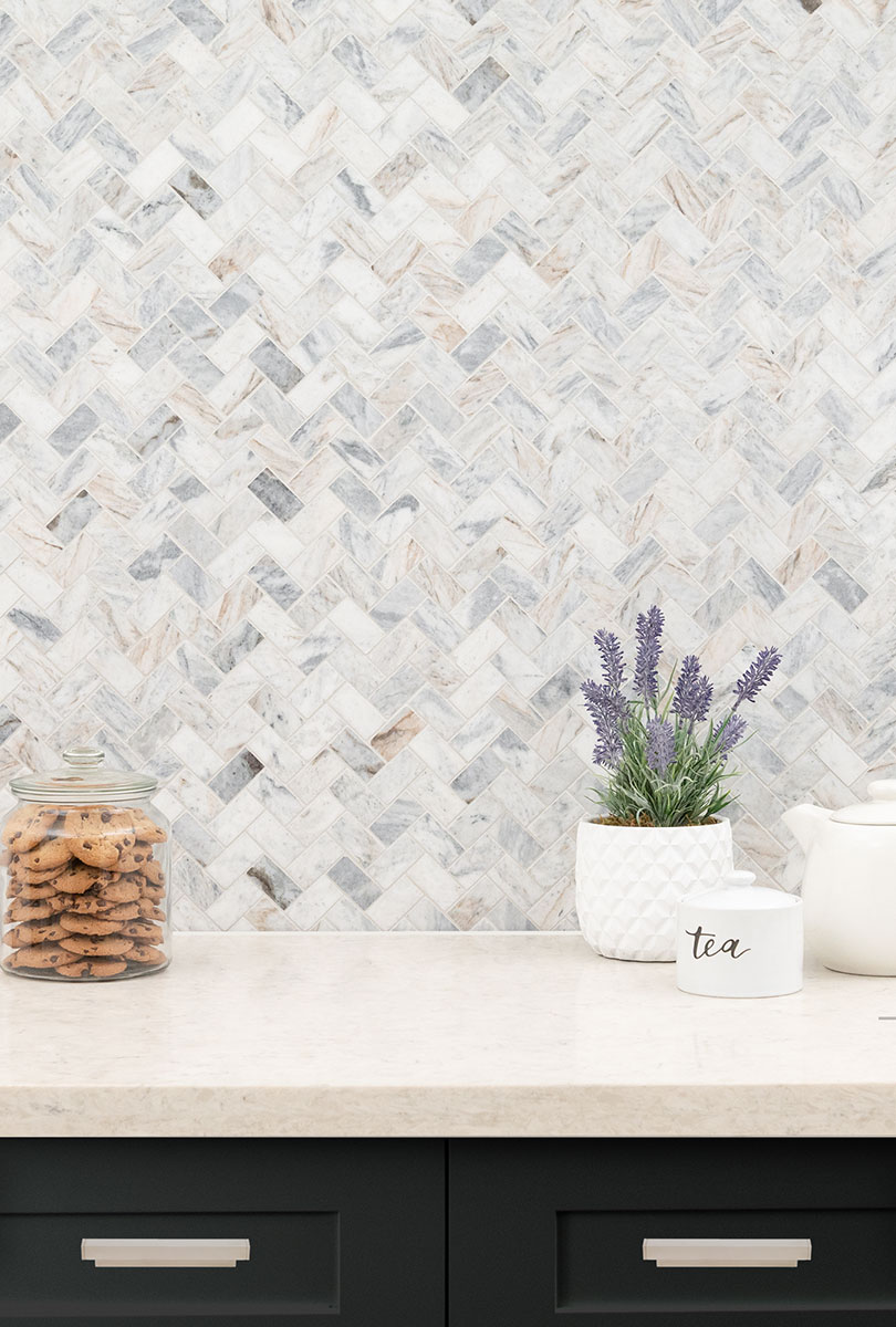 Capri Blue 1x2 Herringbone Honed Subway Tile — installed (view 3)
