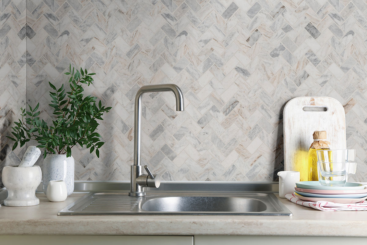 Capri Blue 1x2 Herringbone Honed Subway Tile — installed (view 4)