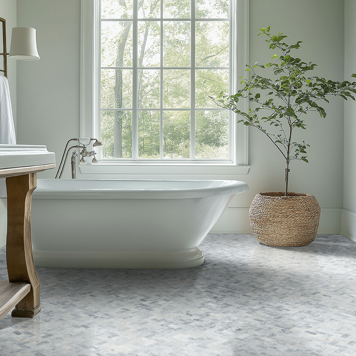 Capri Blue 1x2 Herringbone Honed Subway Tile — installed in a bathroom (scene 0932)
