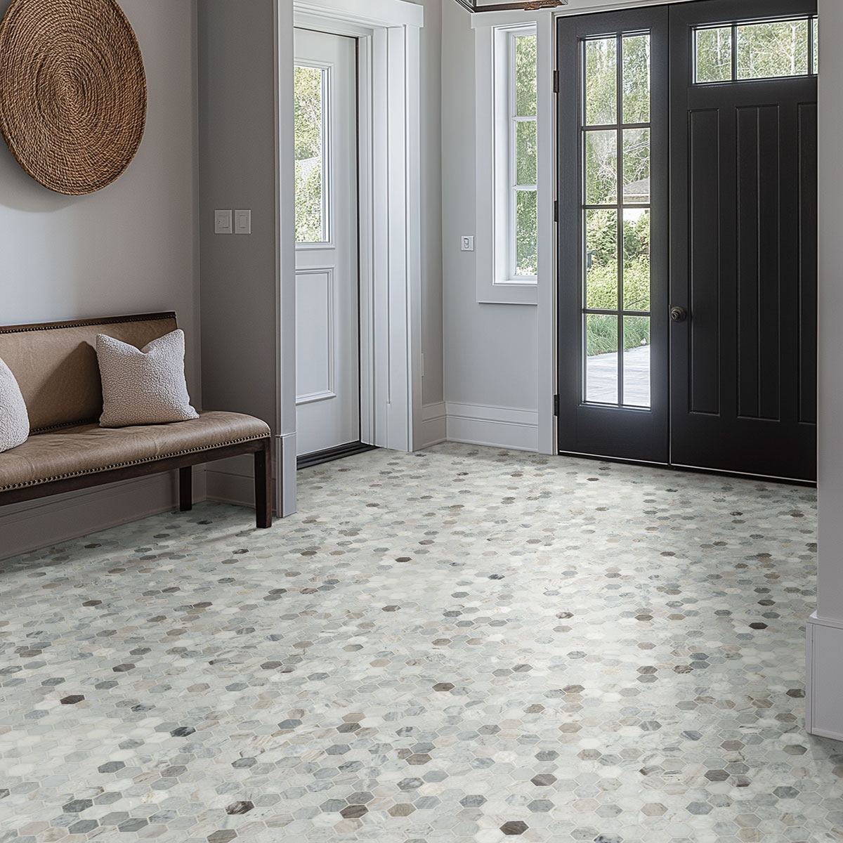 Capri Blue Hexagon Mosaic Tile countertop in a entryway