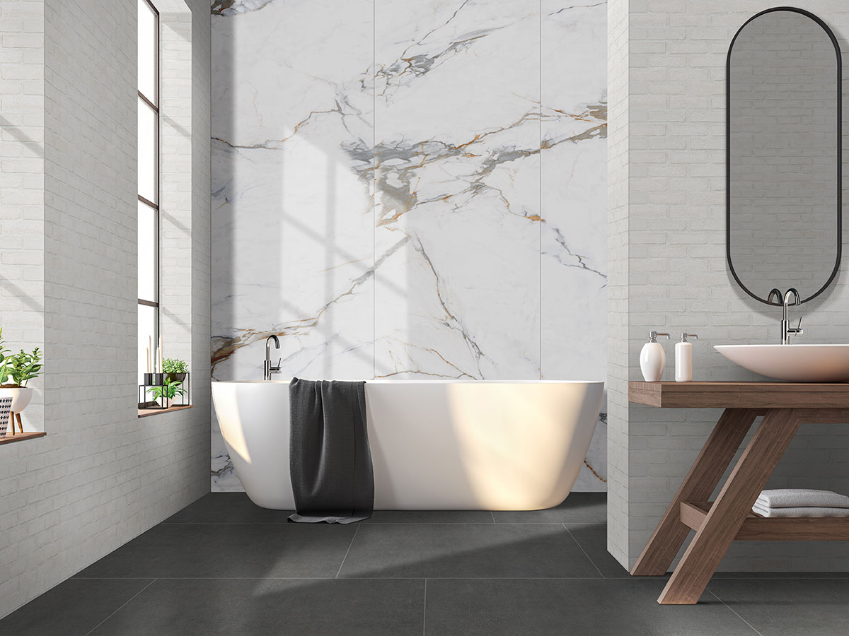Azure Regal Calacatta — installed in a bathroom (scene 0370)