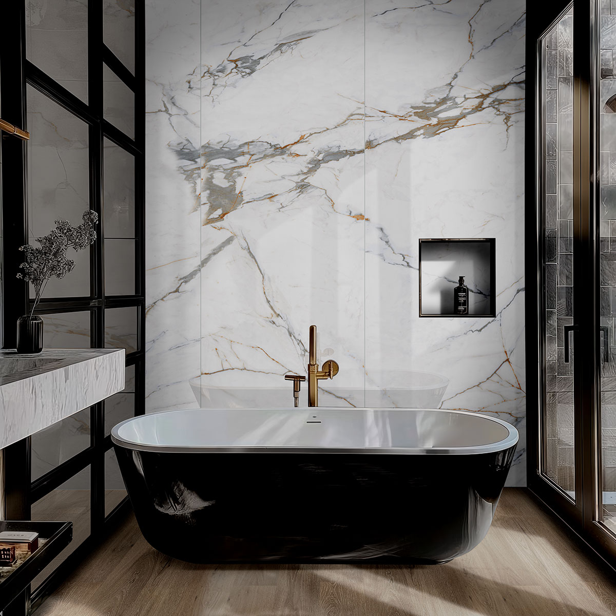 Azure Regal Calacatta — installed in a bathroom (scene 0866)