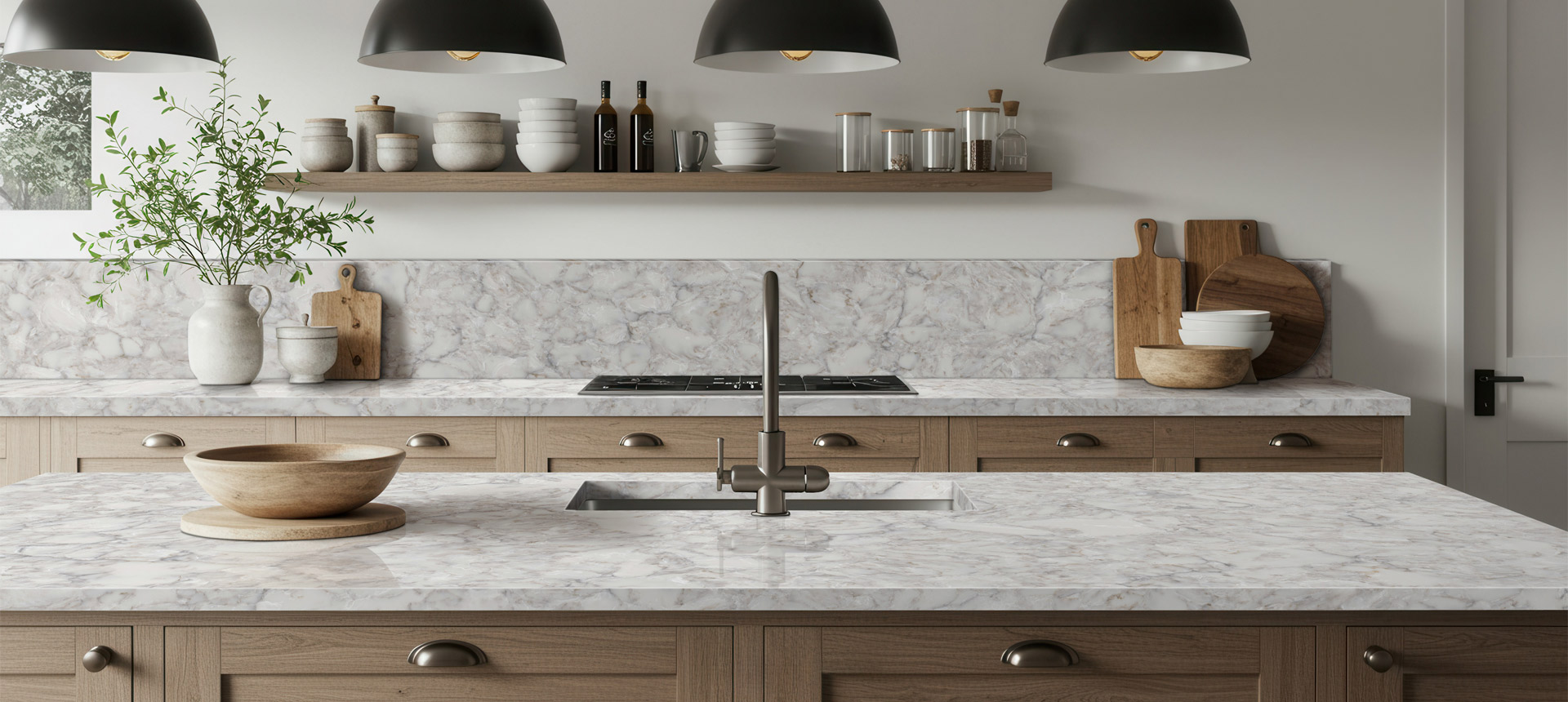 Marble-look quartz island in a bright kitchen